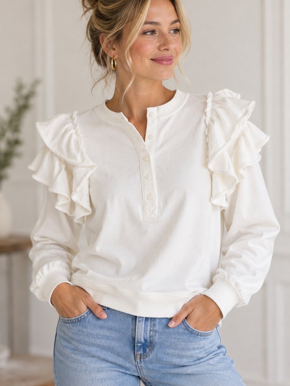 NWT WAPG We're All Pretty Girls White Ruffle Shoulder Sweatshirt Henley Top S
